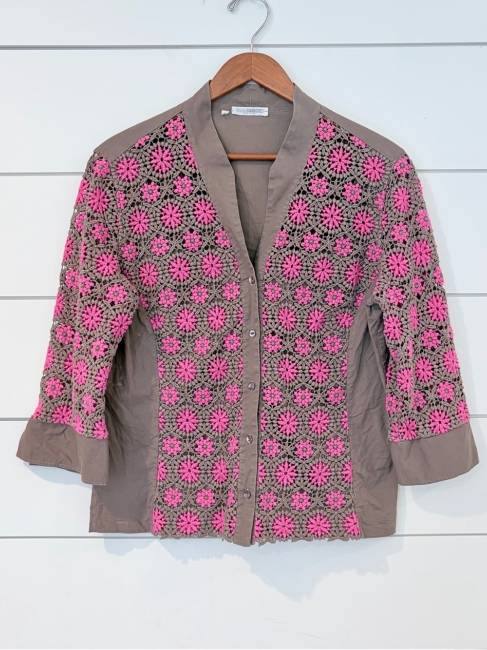 Vintage Cottagecore Crochet Lace Cardigan Blouse Pink Floral S/M Grandmacore